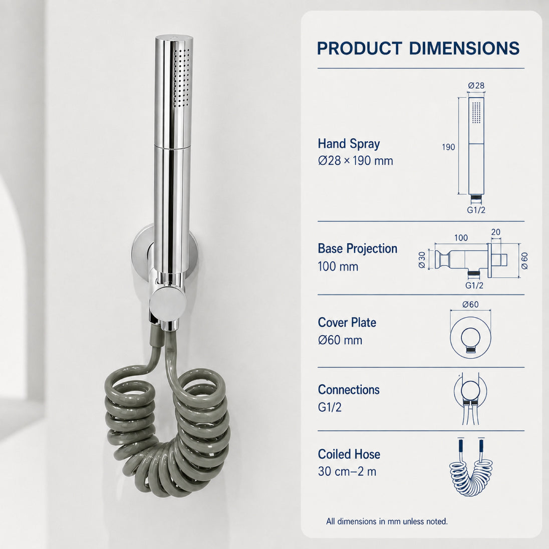 FILER rotary brass bidet sprayer polished silver with gray coiled hose — dedicated configuration dimensions