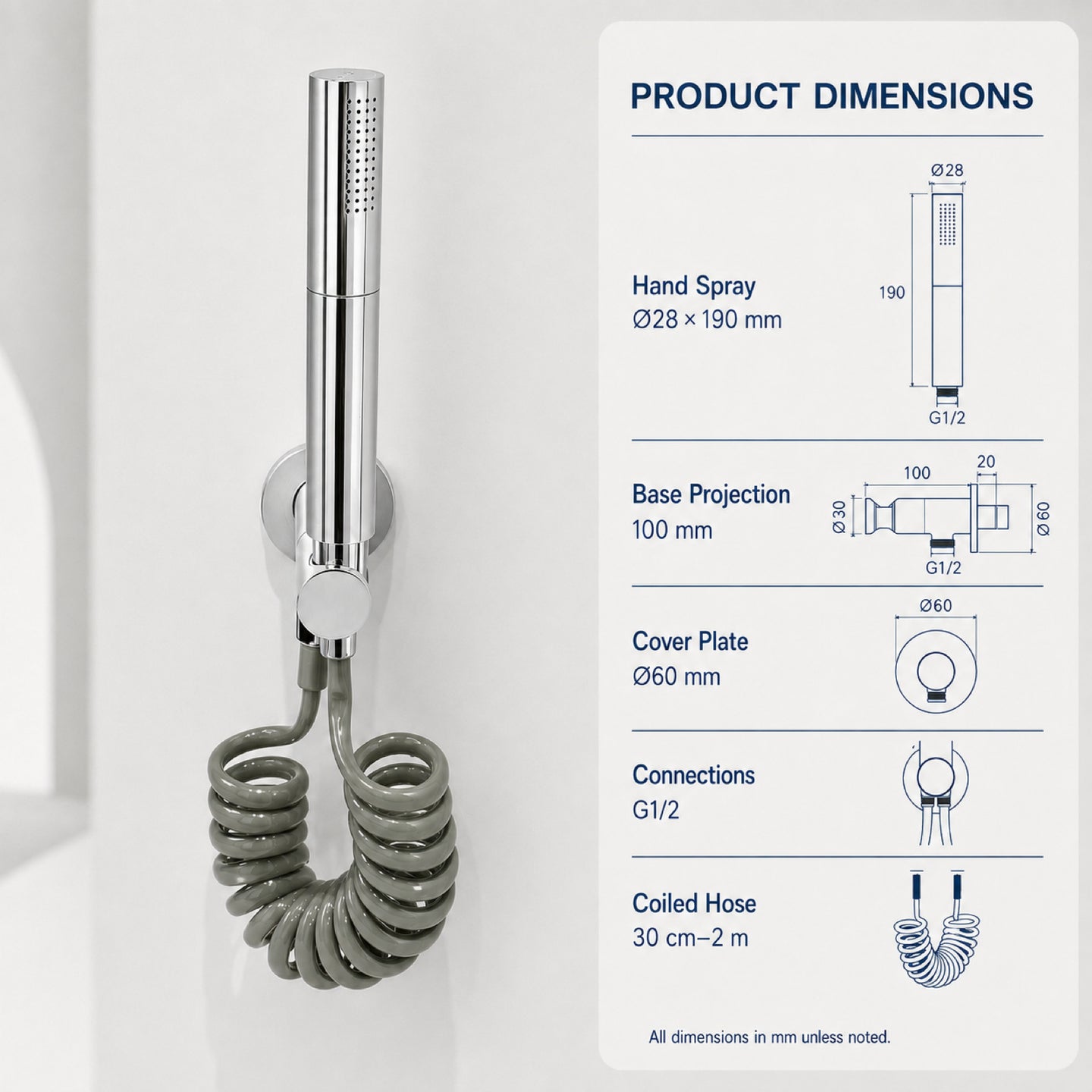 FILER rotary brass bidet sprayer polished silver with gray coiled hose — dedicated configuration dimensions