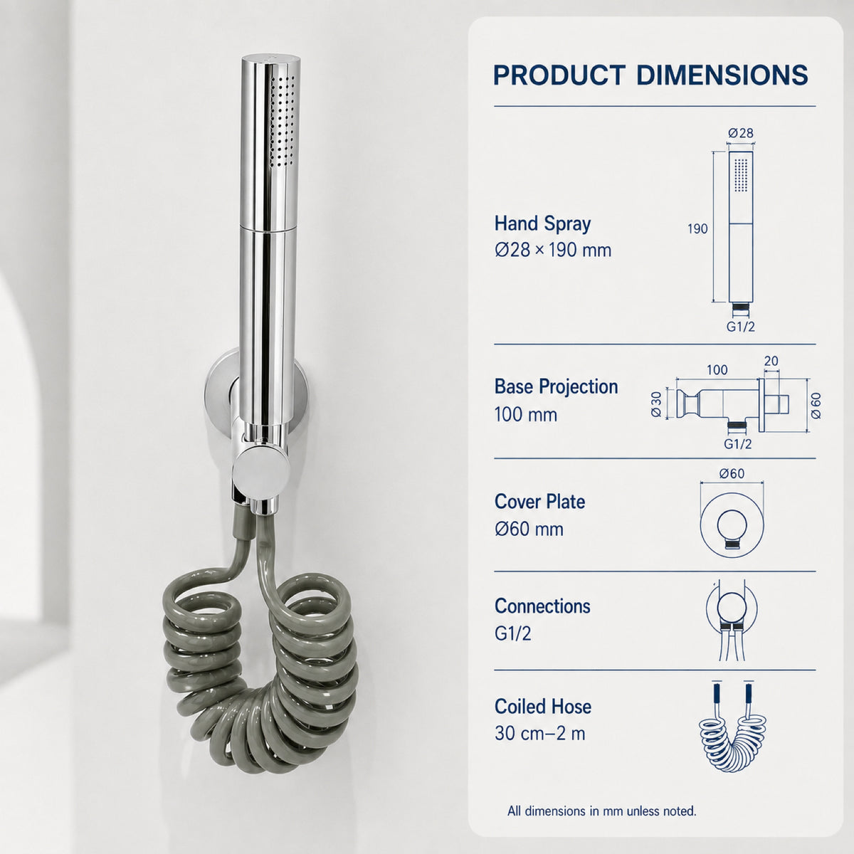 FILER rotary brass bidet sprayer polished silver with gray coiled hose — dedicated configuration dimensions