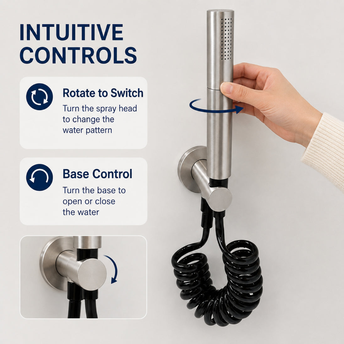 FILER rotary brass bidet sprayer with black coiled hose — rotary sprayhead and base controls