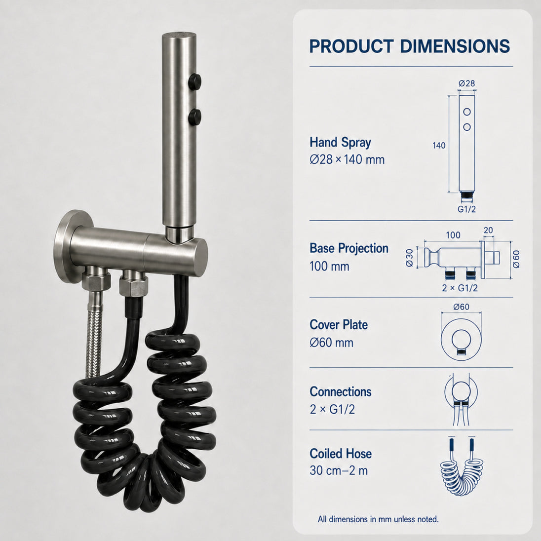 FILER push-button stainless steel bidet sprayer with black coiled hose — shared supply configuration dimensions