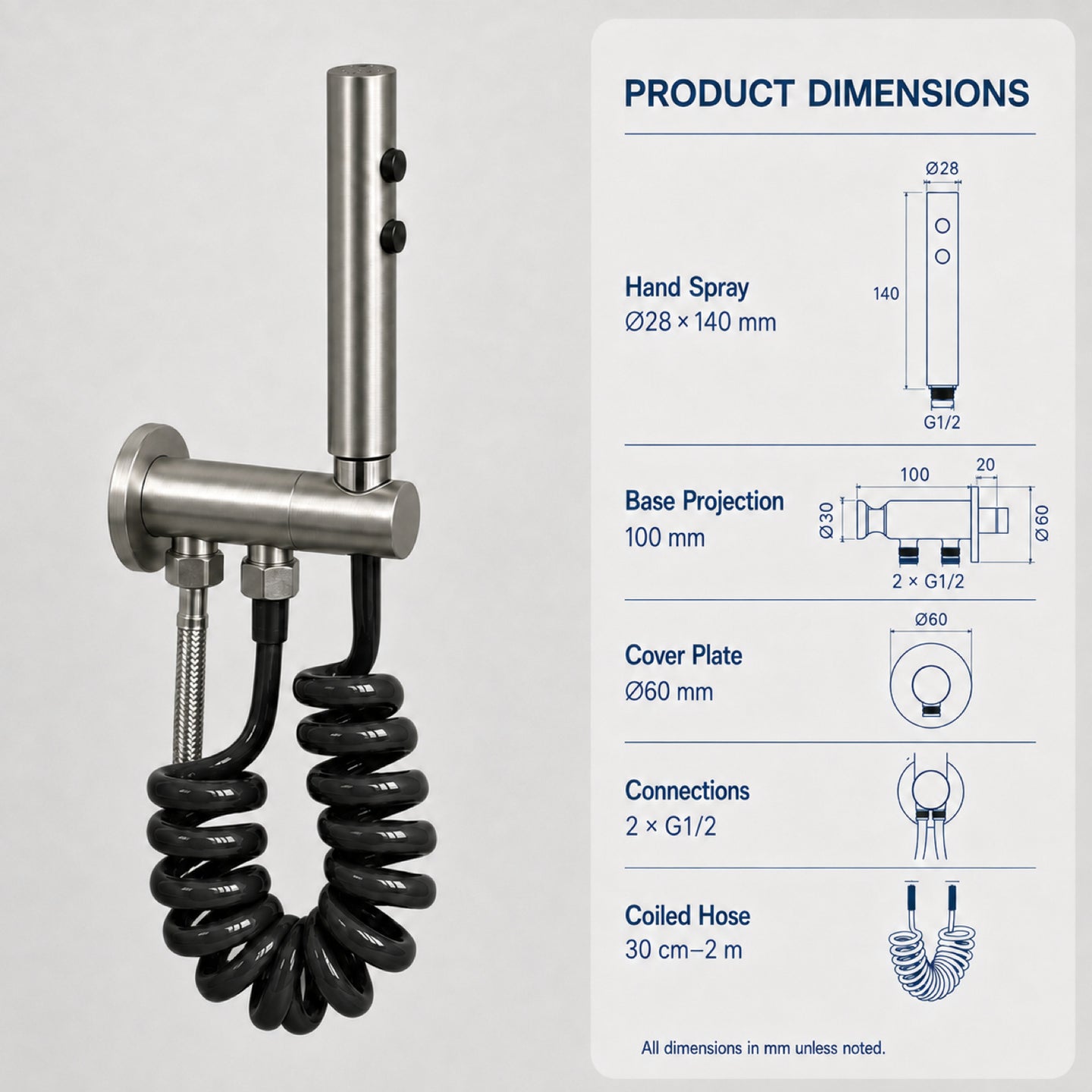 FILER push-button stainless steel bidet sprayer with black coiled hose — shared supply configuration dimensions