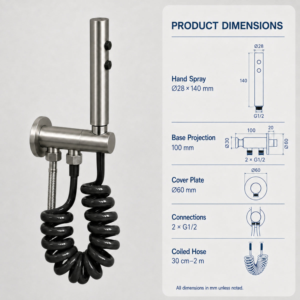 FILER push-button stainless steel bidet sprayer with black coiled hose — shared supply configuration dimensions