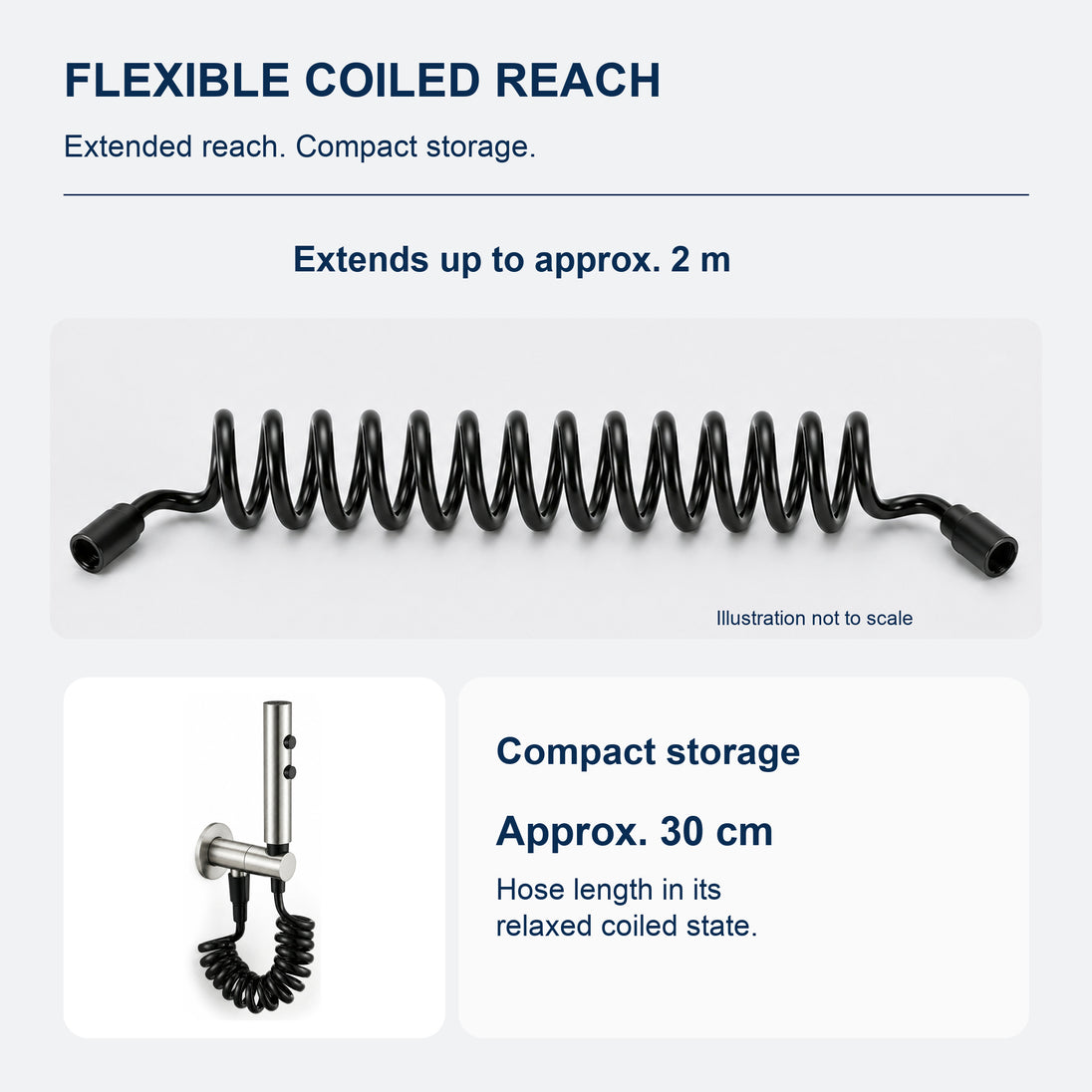 FILER push-button stainless steel bidet sprayer with black coiled hose — extended and stored reach