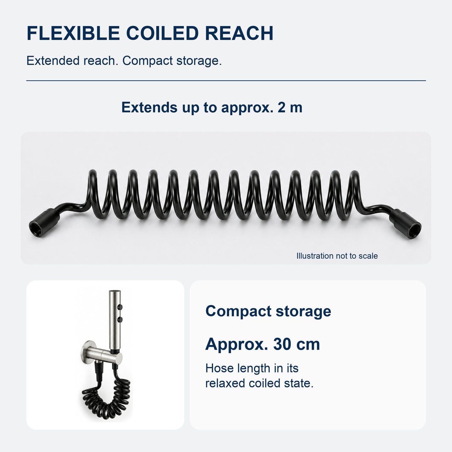 FILER push-button stainless steel bidet sprayer with black coiled hose — extended and stored reach