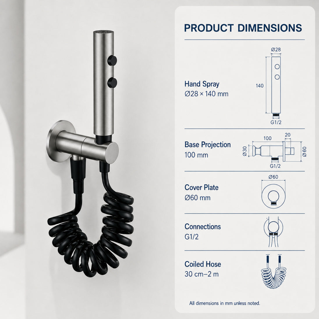 FILER push-button stainless steel bidet sprayer with black coiled hose — dedicated wall outlet dimensions