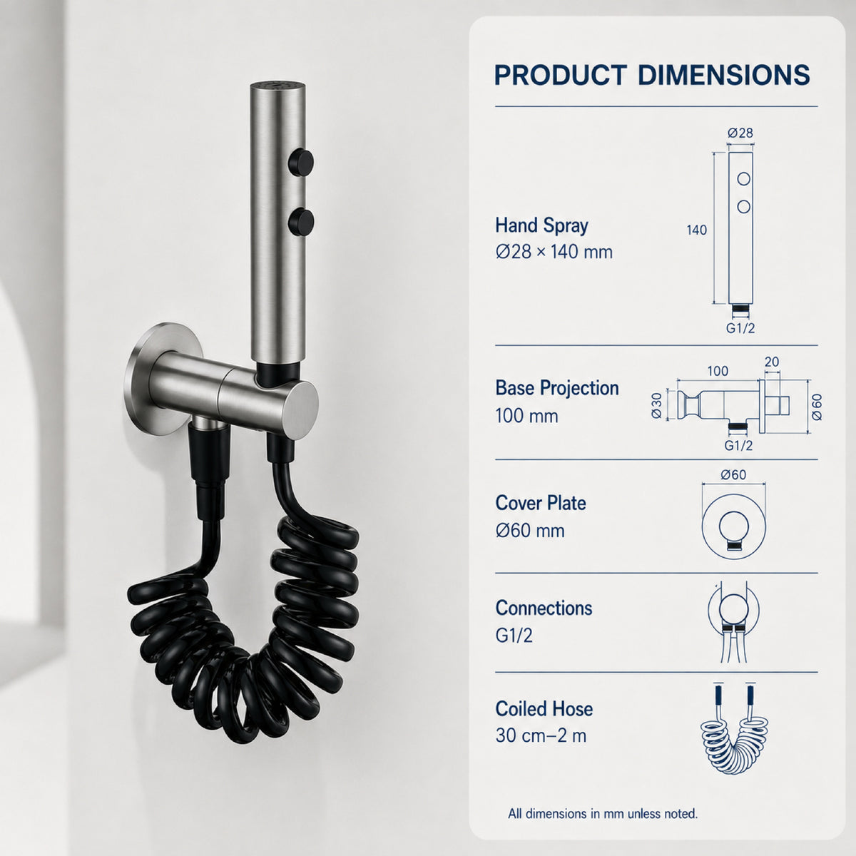 FILER push-button stainless steel bidet sprayer with black coiled hose — dedicated wall outlet dimensions