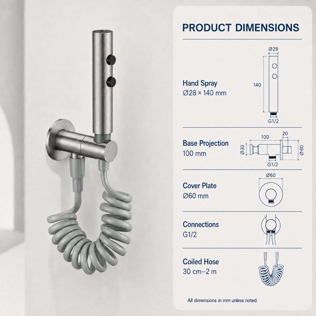FILER push-button stainless steel bidet sprayer brushed silver with gray coiled hose — dedicated configuration dimensions