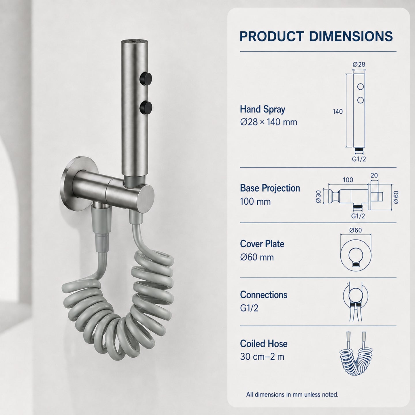 FILER push-button stainless steel bidet sprayer brushed silver with gray coiled hose — dedicated configuration dimensions