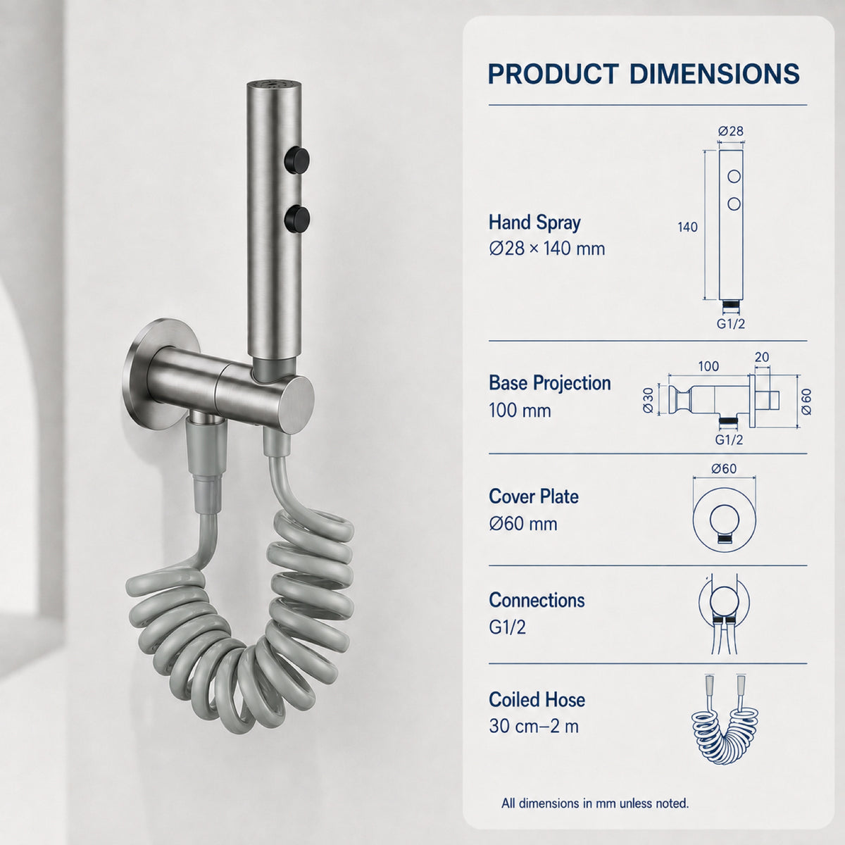 FILER push-button stainless steel bidet sprayer brushed silver with gray coiled hose — dedicated configuration dimensions
