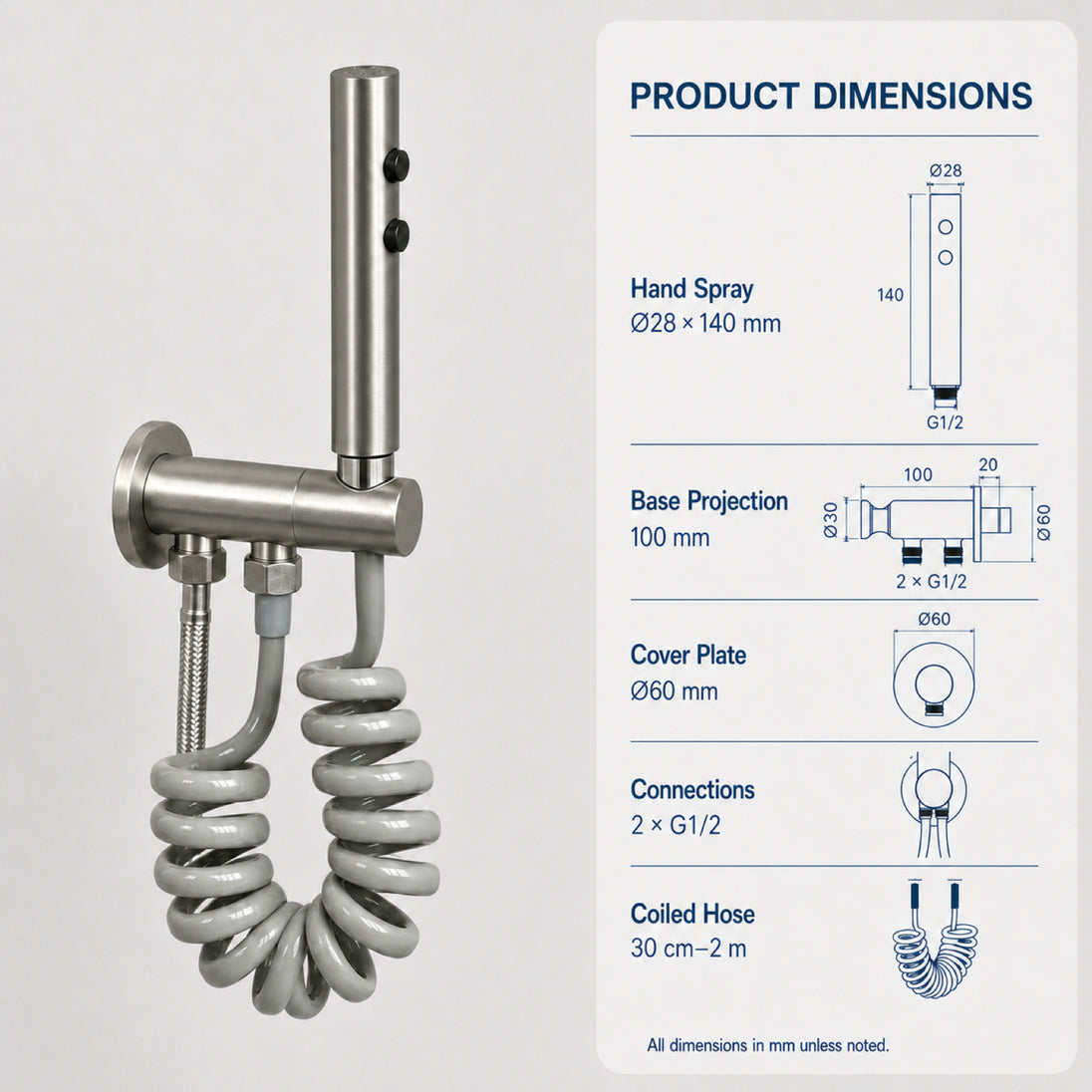 FILER push-button stainless steel bidet sprayer brushed silver with gray coiled hose — shared supply configuration dimensions
