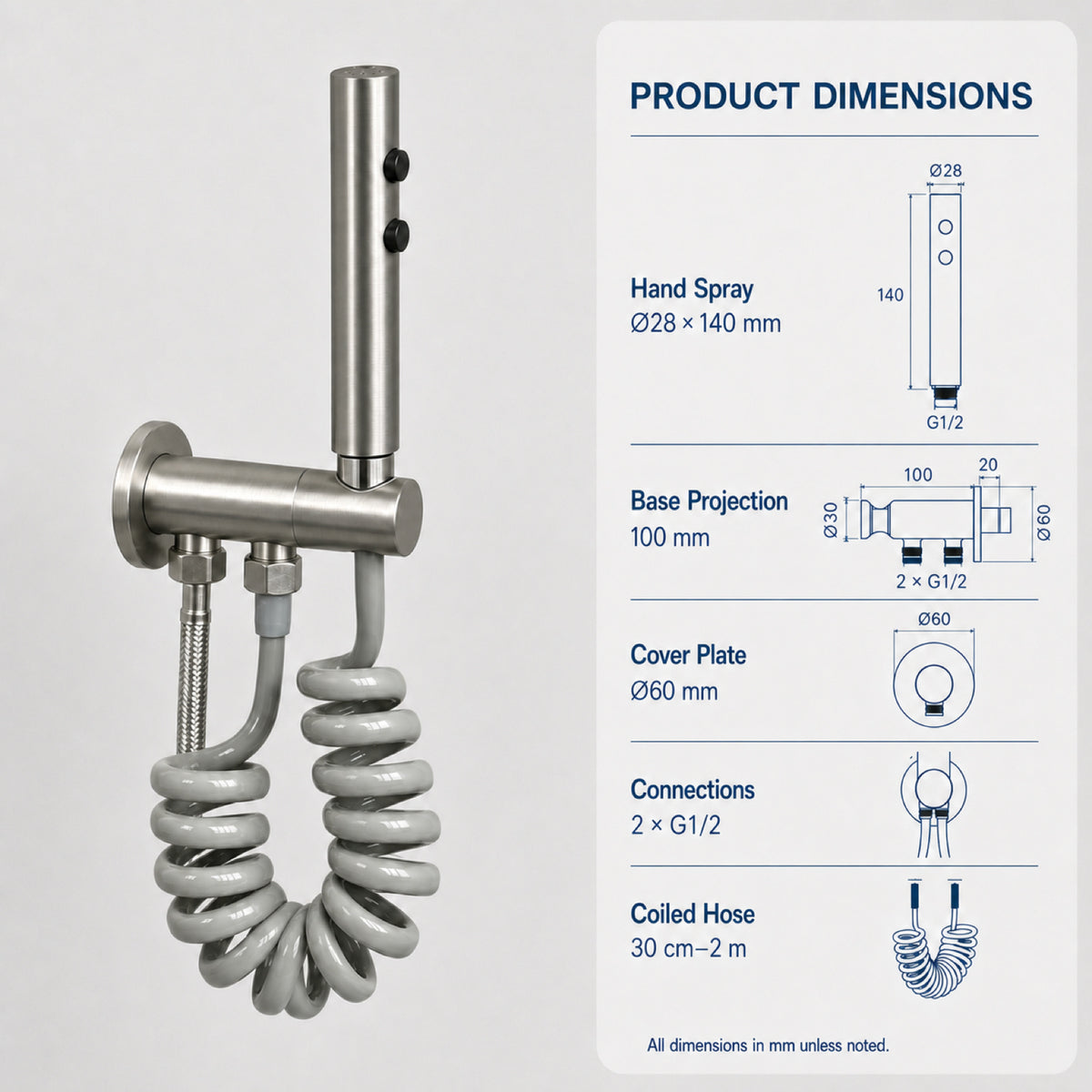 FILER push-button stainless steel bidet sprayer brushed silver with gray coiled hose — shared supply configuration dimensions