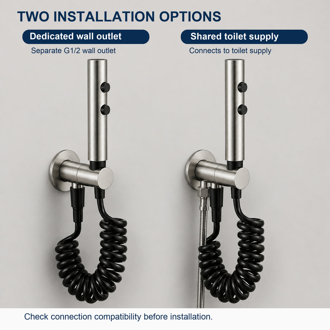 FILER push-button stainless steel bidet sprayer with black coiled hose — dedicated and shared supply installation