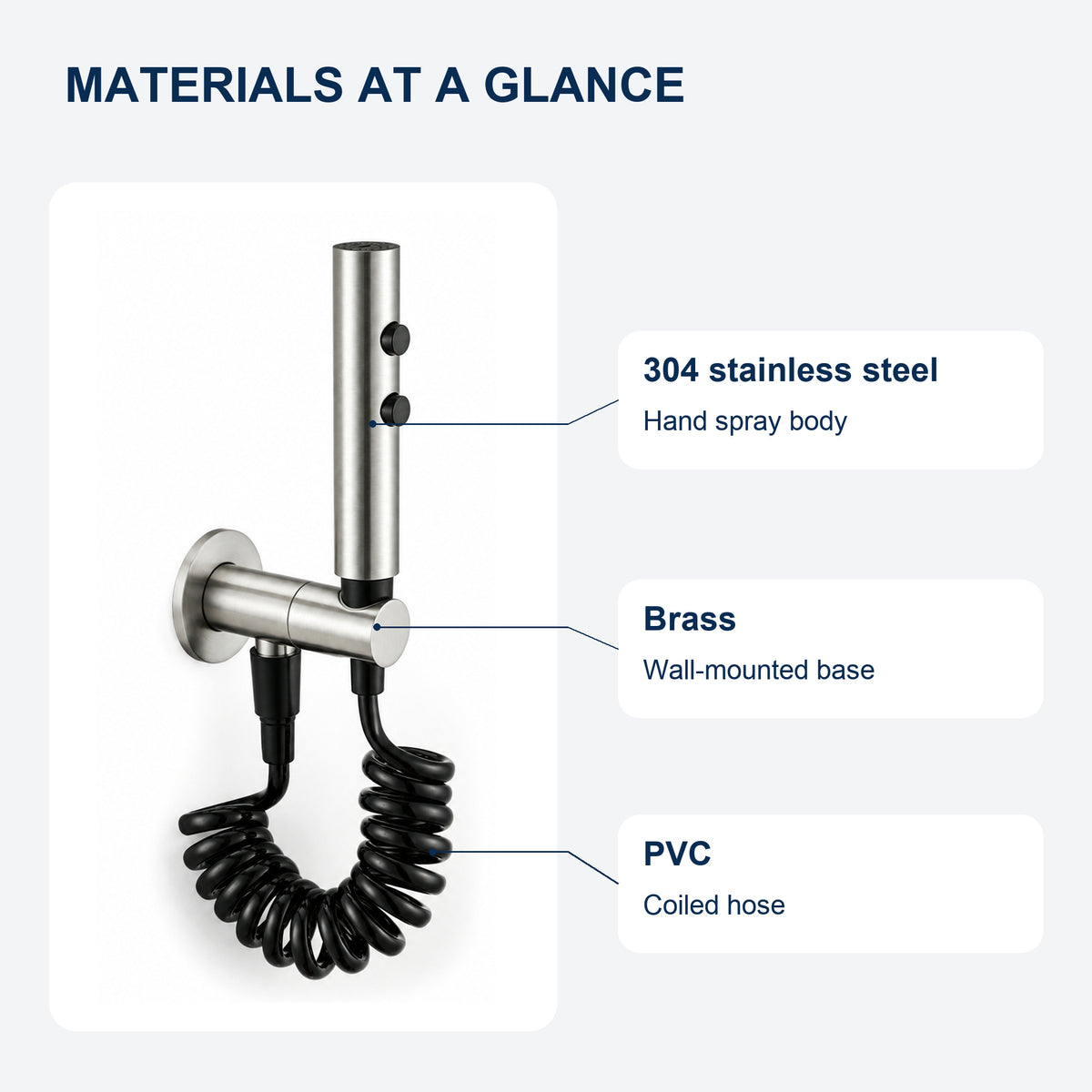 FILER push-button stainless steel bidet sprayer with black coiled hose — stainless steel, brass and PVC materials