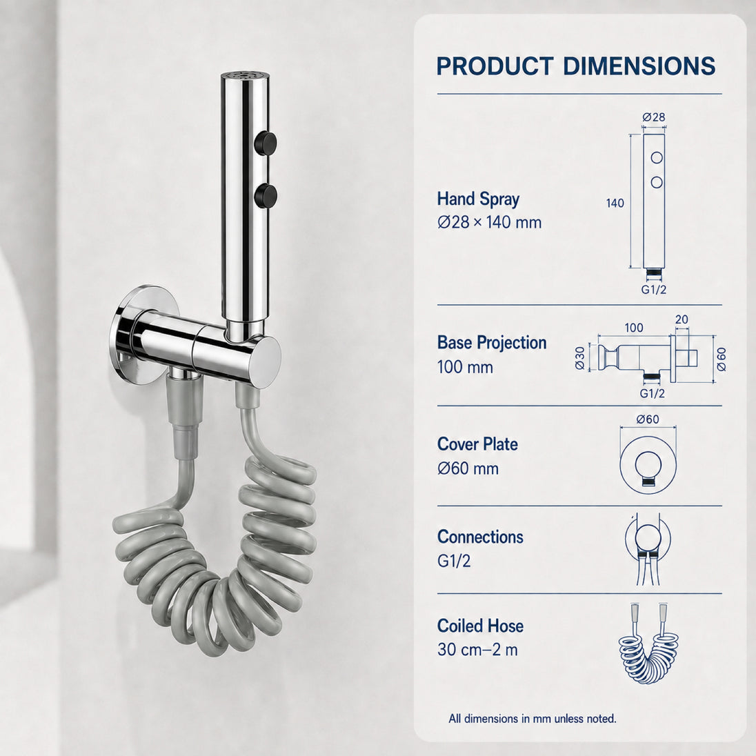 FILER push-button stainless steel bidet sprayer polished silver with gray coiled hose — dedicated configuration dimensions