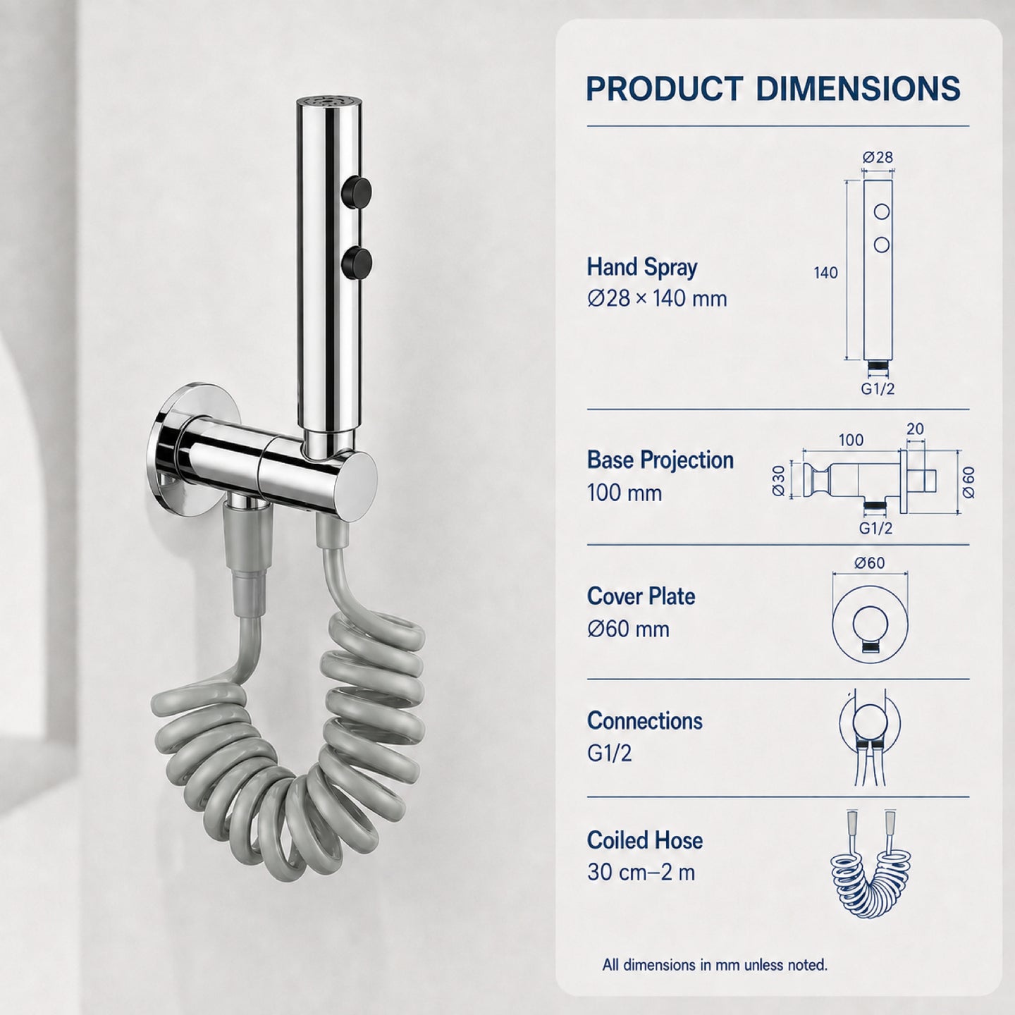 FILER push-button stainless steel bidet sprayer polished silver with gray coiled hose — dedicated configuration dimensions