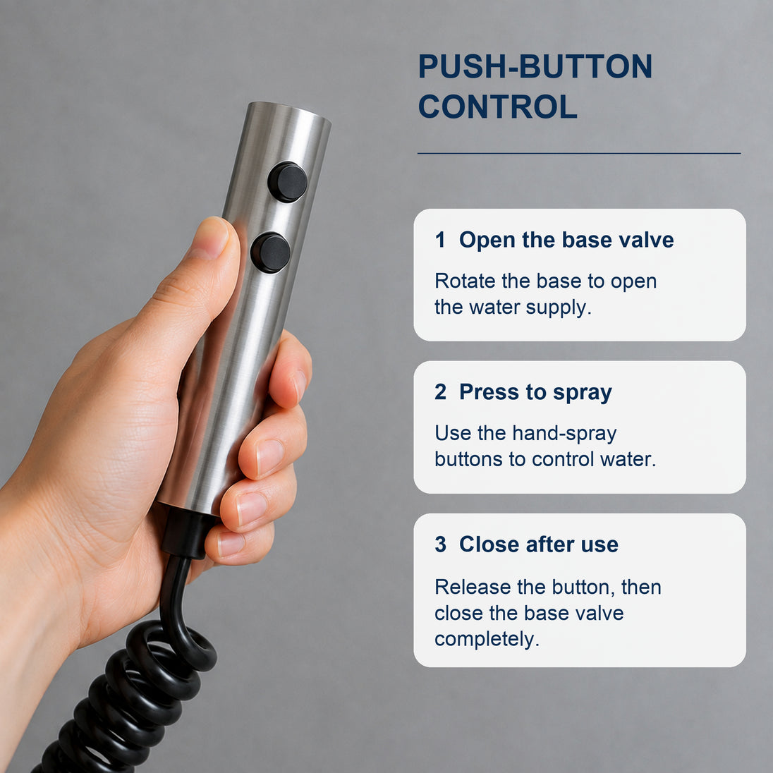 FILER push-button stainless steel bidet sprayer brushed silver — push-button and base controls