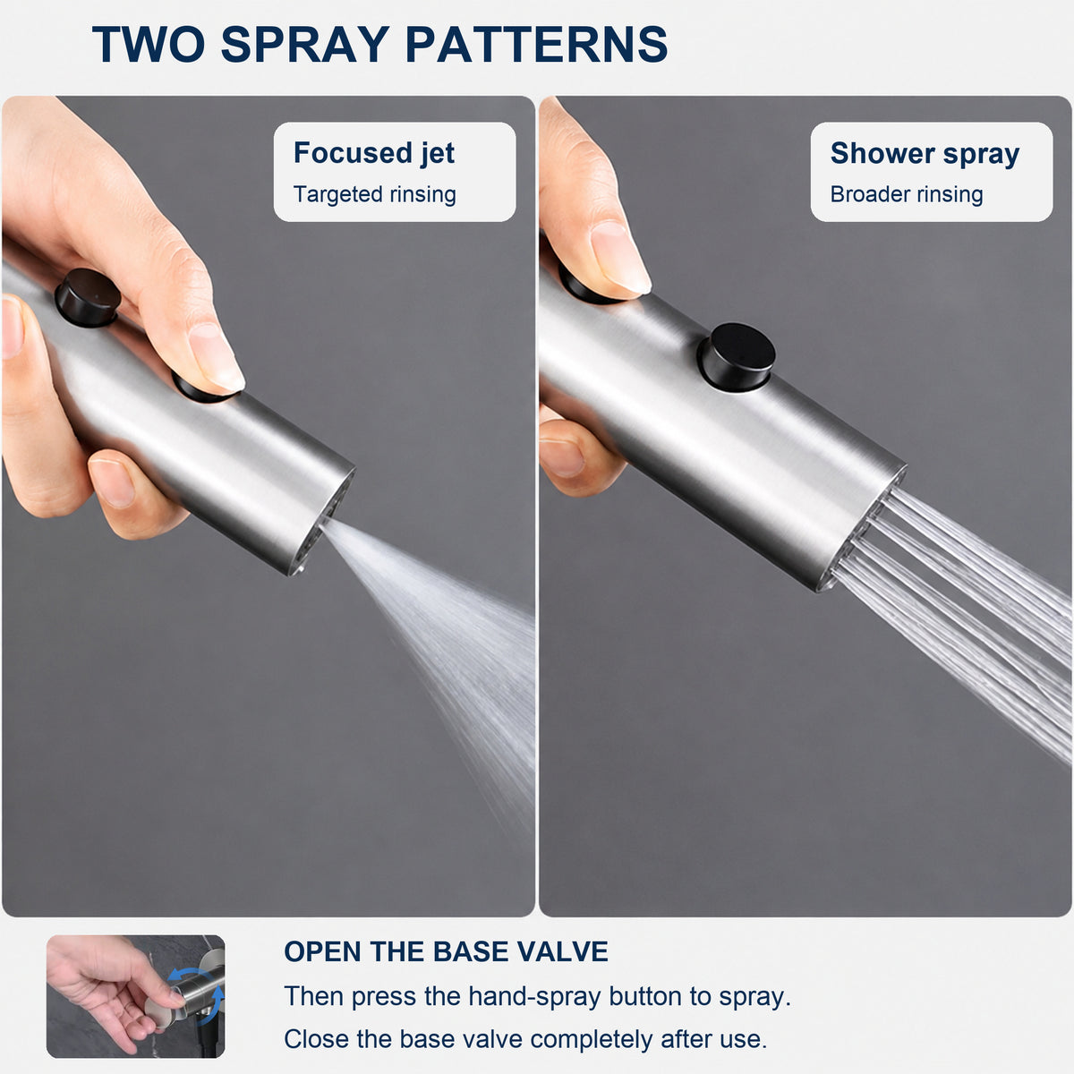 FILER push-button stainless steel bidet sprayer brushed silver — focused jet and shower spray, base valve operation