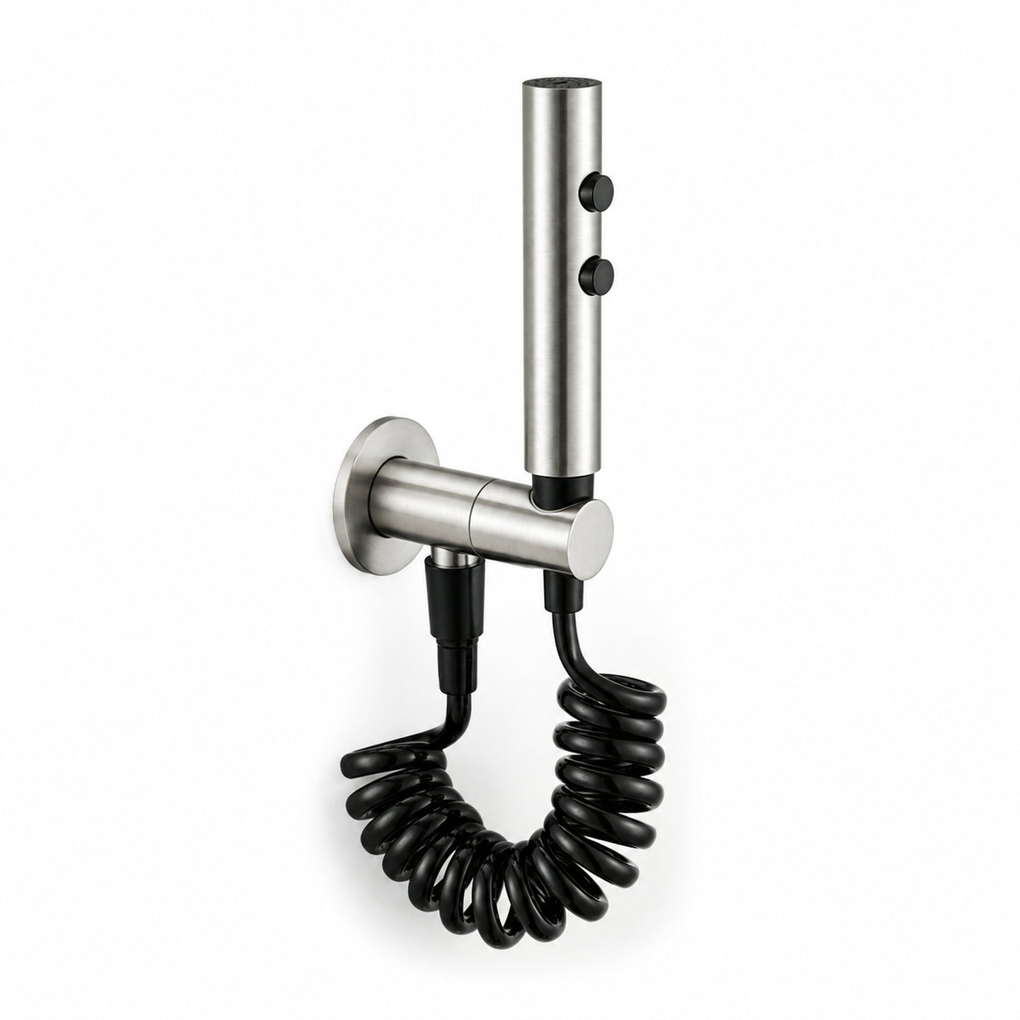 FILER push-button stainless steel bidet sprayer with black coiled hose — white-background view