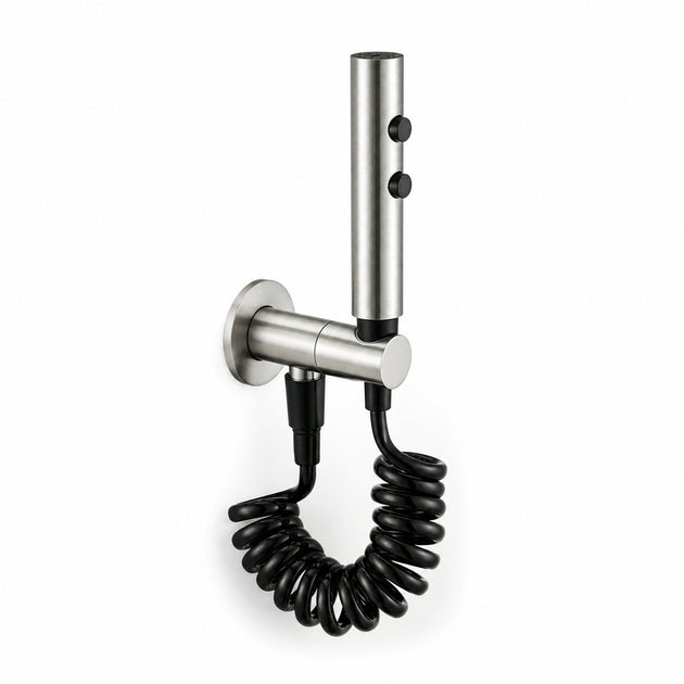 FILER push-button stainless steel bidet sprayer with black coiled hose — white-background view