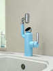 Supplier demonstration of the standard-height blue model; all finishes share the same operation