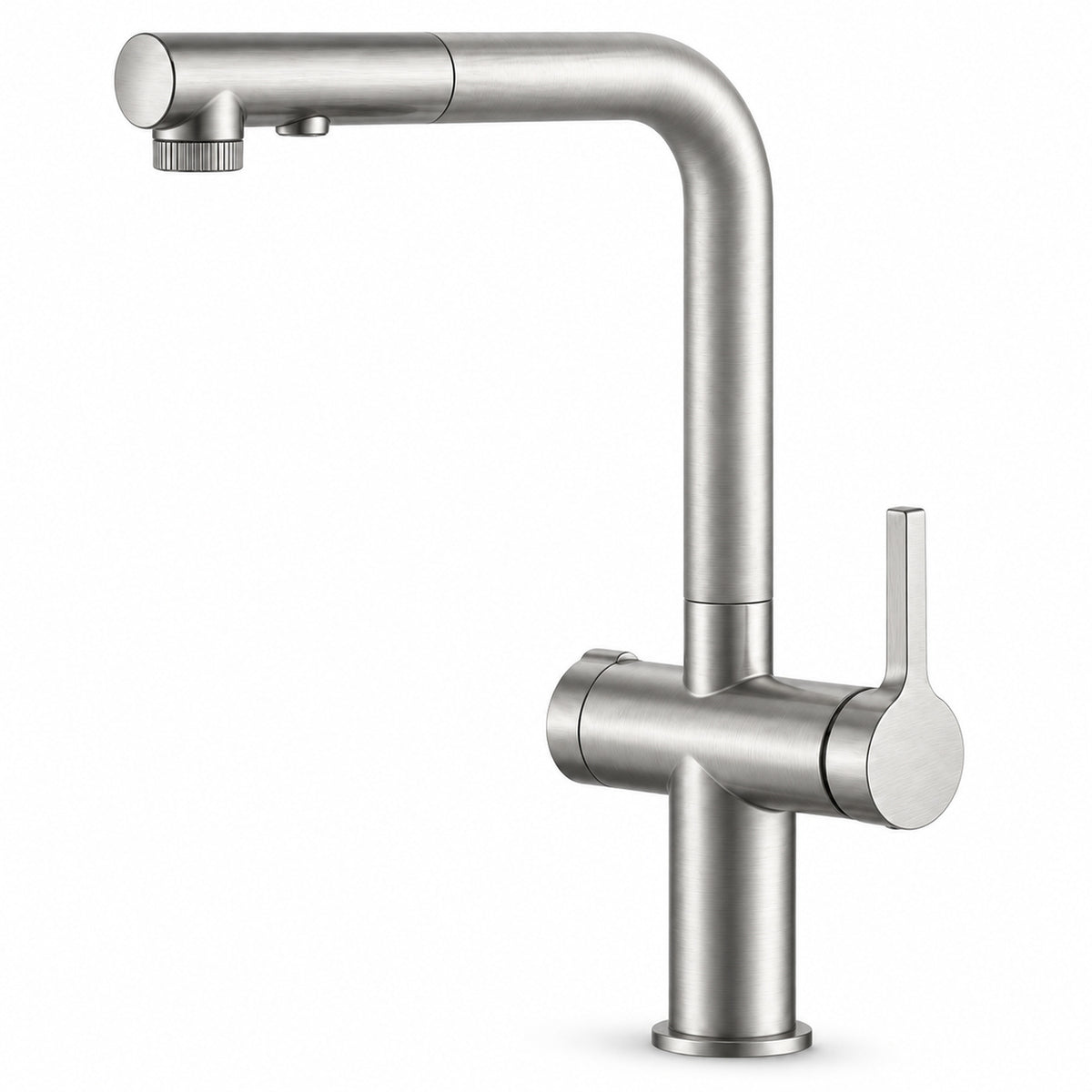 FILER Pull-Out Kitchen Faucet with Optional Filtered-Water Outlet — Upgraded 3-in-1 / Brushed Silver — white-background product view