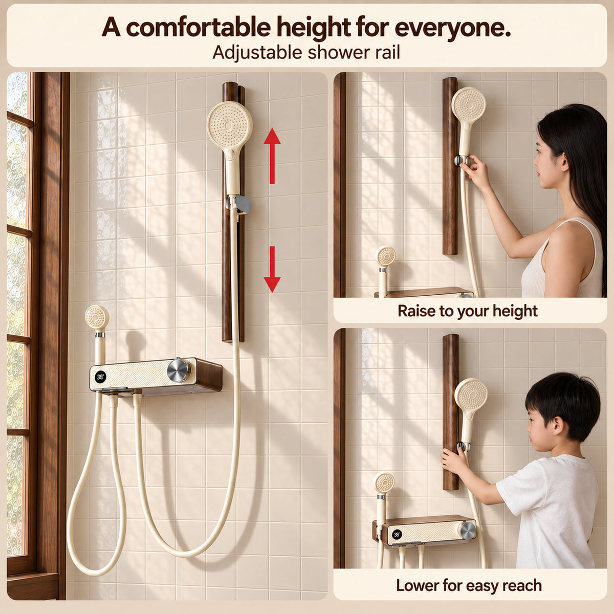 FILER cream and walnut-effect shower set — height-adjustable sliding rail