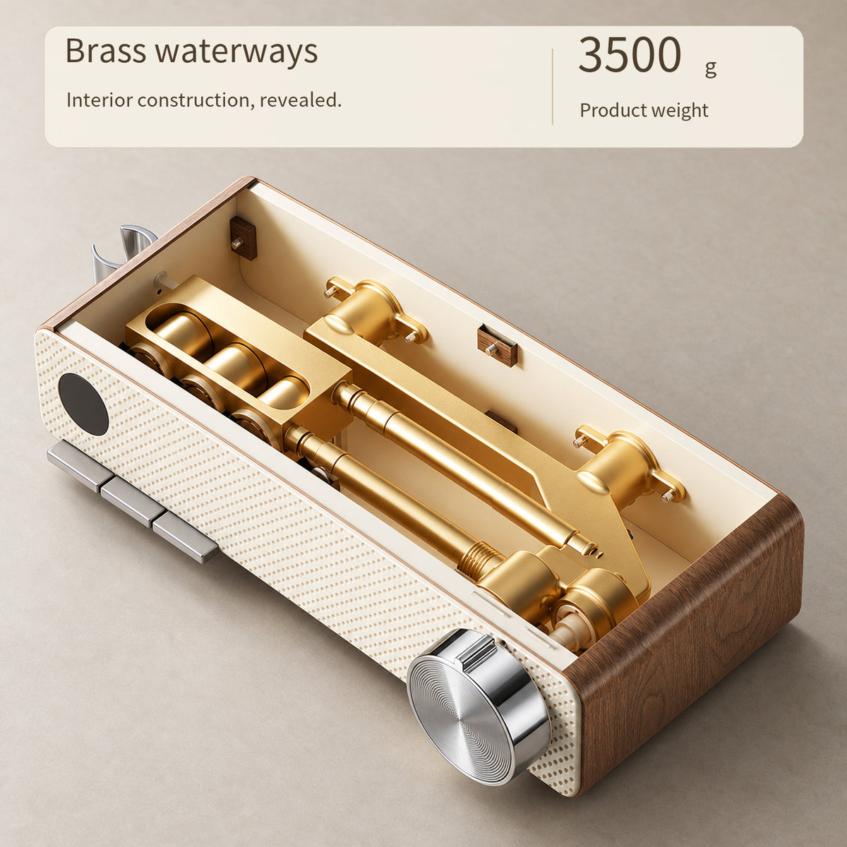 FILER cream and walnut-effect shower set — brass waterway cutaway illustration