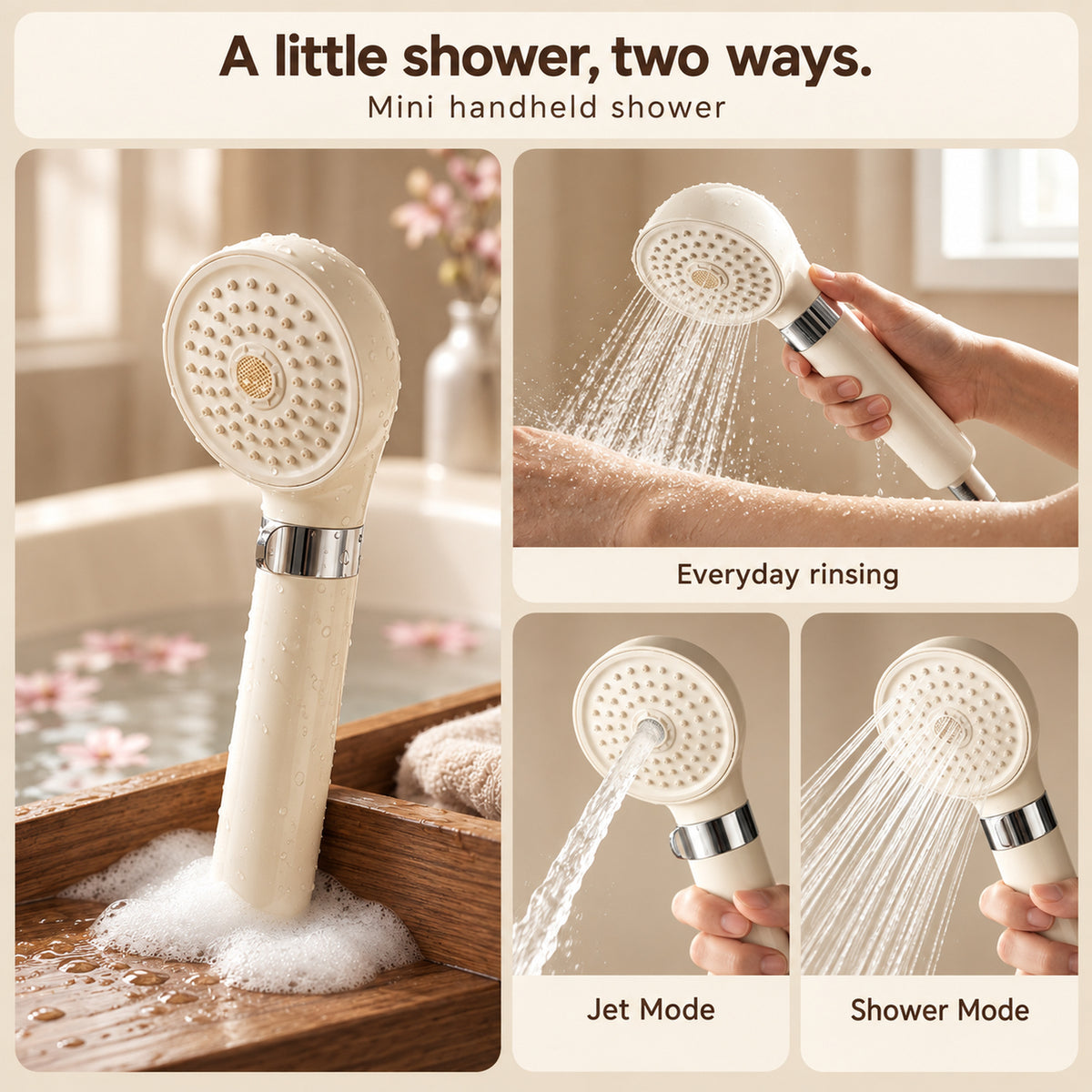 FILER cream and walnut-effect shower set — mini hand shower spray modes