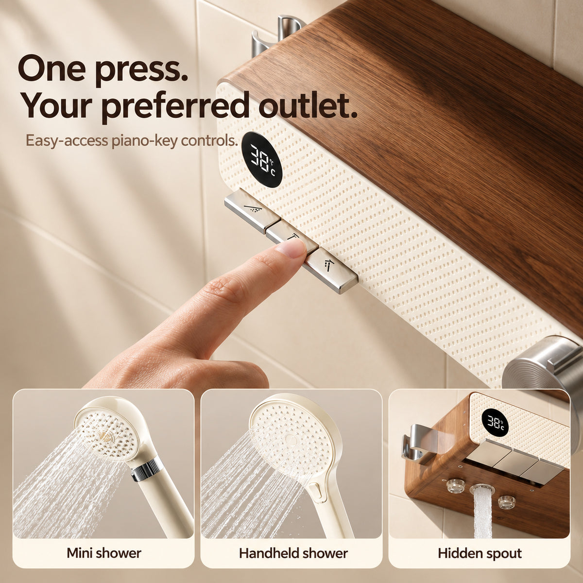 FILER cream and walnut-effect shower set — piano-key controls and three outlets