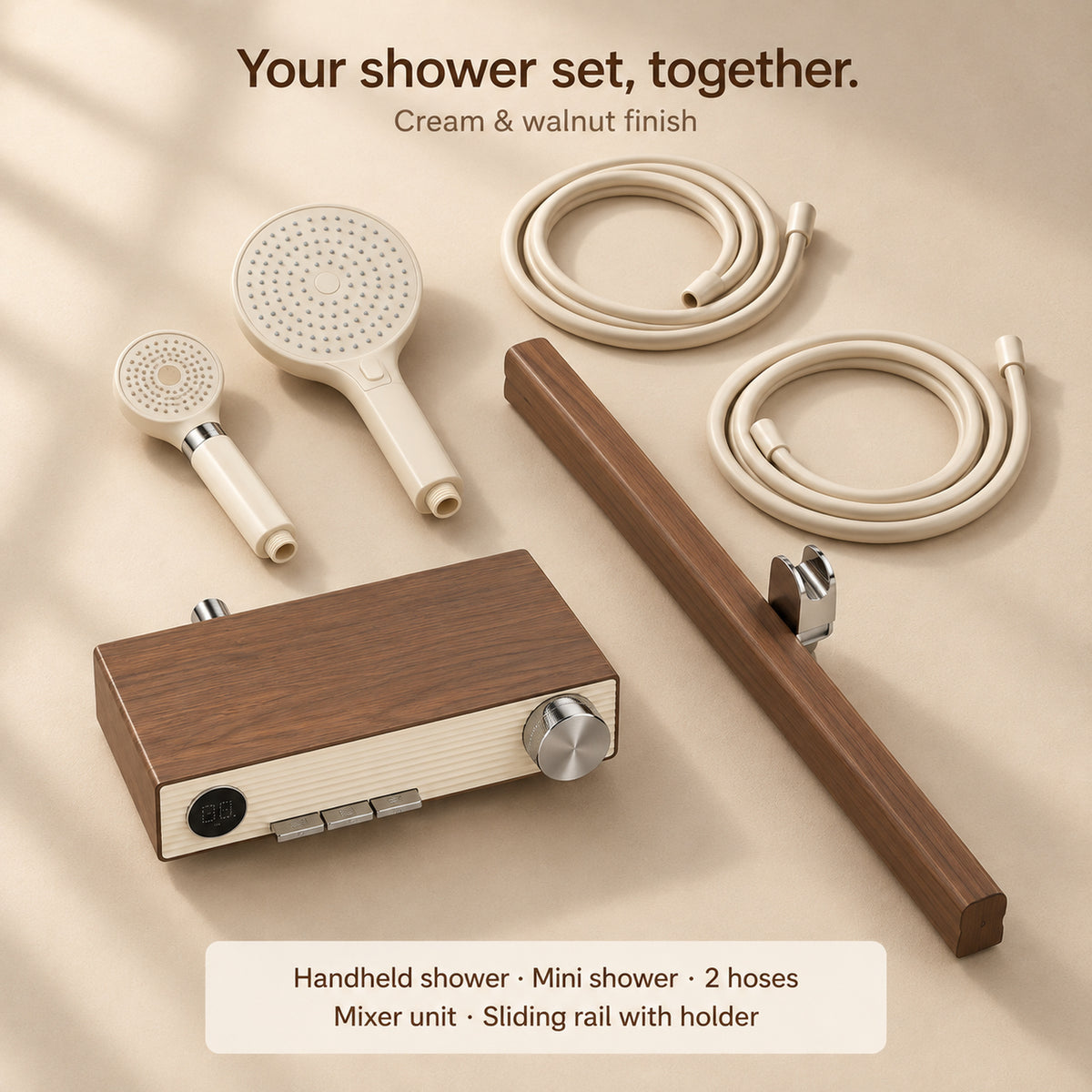 FILER cream and walnut-effect shower set — included components overview