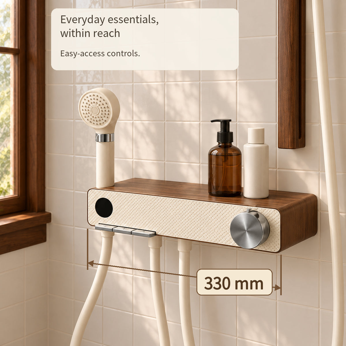 FILER cream and walnut-effect shower set — 330 mm mixer shelf