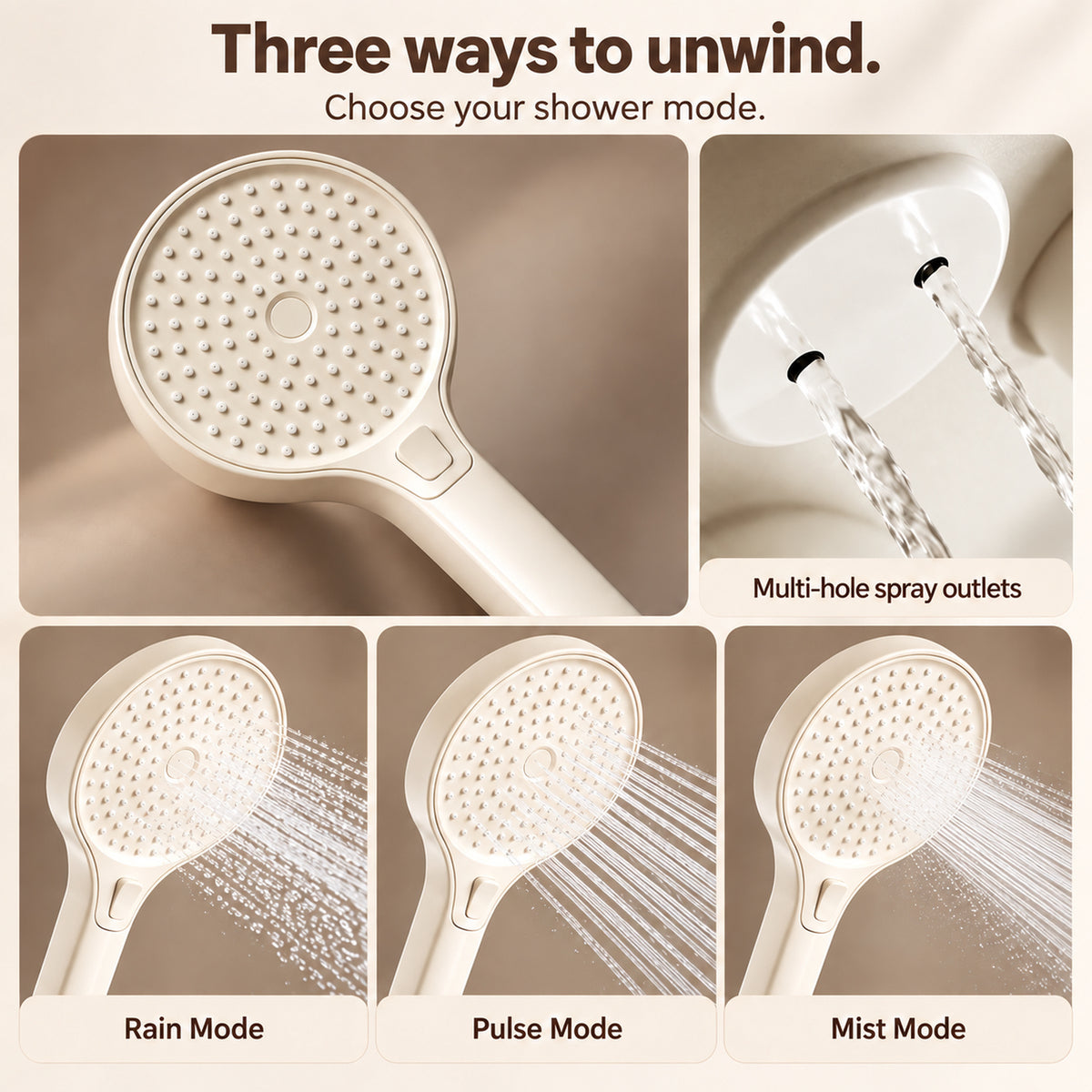 FILER cream and walnut-effect shower set — main hand shower spray modes
