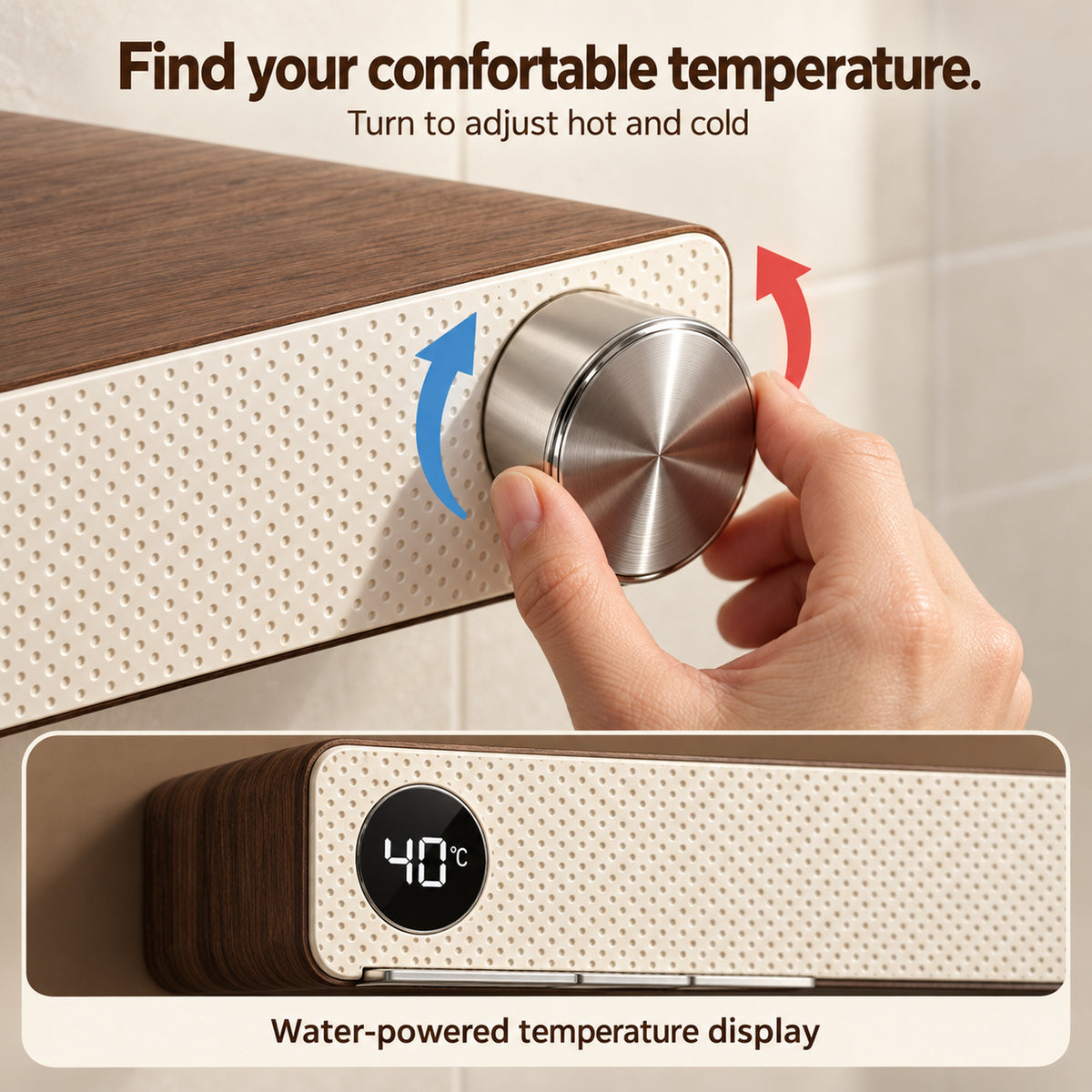 FILER cream and walnut-effect shower set — temperature knob and water-powered display