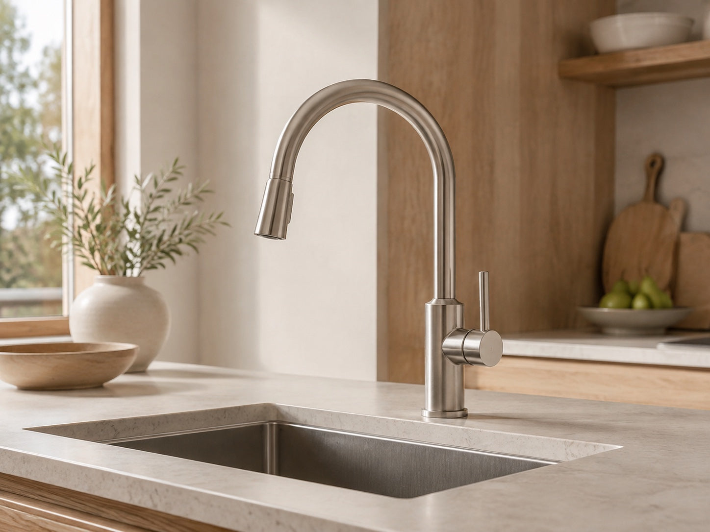 Kitchen faucet and sink in natural daylight
