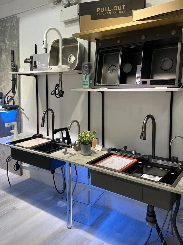 Kitchen faucets and sinks displayed at the Hong Kong showroom